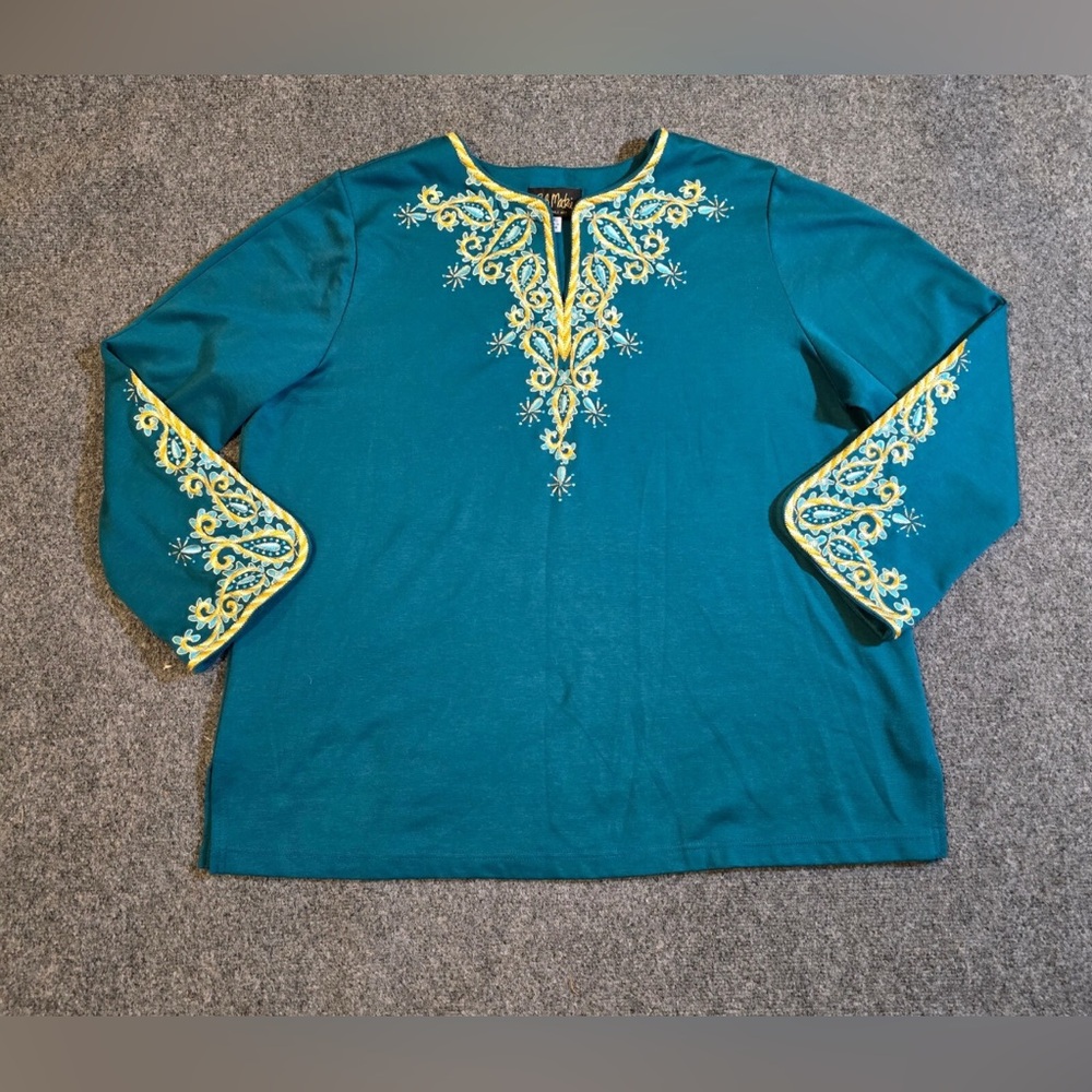 Bob Mackie Embroidered Paisley Top Tunic Teal NWT Plus Size 2X